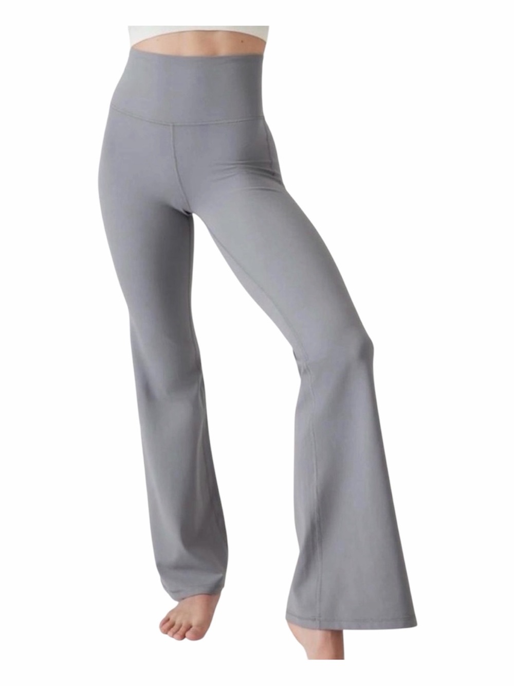 Athleta Elation Flare Pant in a light blue with grey undertones, coastline blue